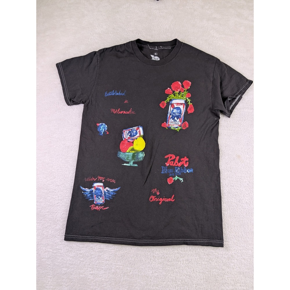 Pabst Blue Ribbon PBR Graphic T-Shirt Black Contrast Stitch Ripple Junction S